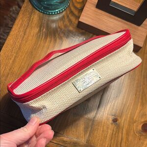 Laura Geller Beige and Red Cosmetic Bag